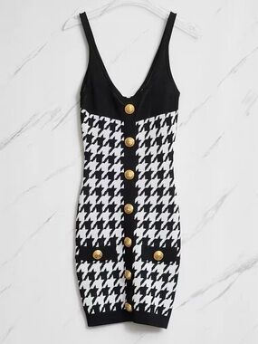 Balmain Black & White Houndstooth Knit Mini Dress with Gold Buttons